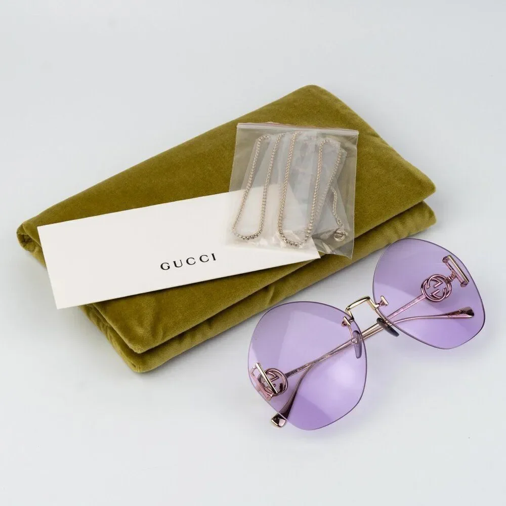 Gucci Women Sunglasses Gold Chain Violet Round GG1203S 001 NEW AUTHENTIC